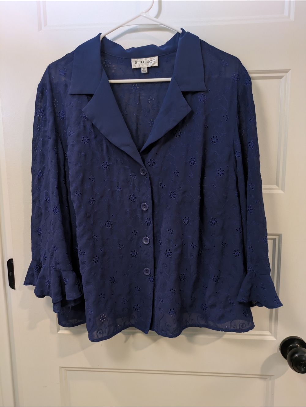 🔴 3/$15  Studio I Navy Eyelet Button-Front Blouse